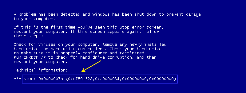 Blue screen of Death containing error code