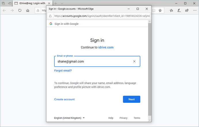 google sign in idrive for windows