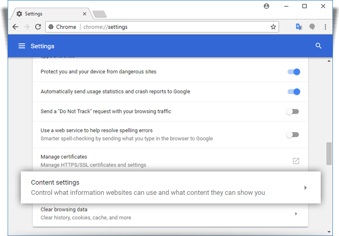 Chrome settings content