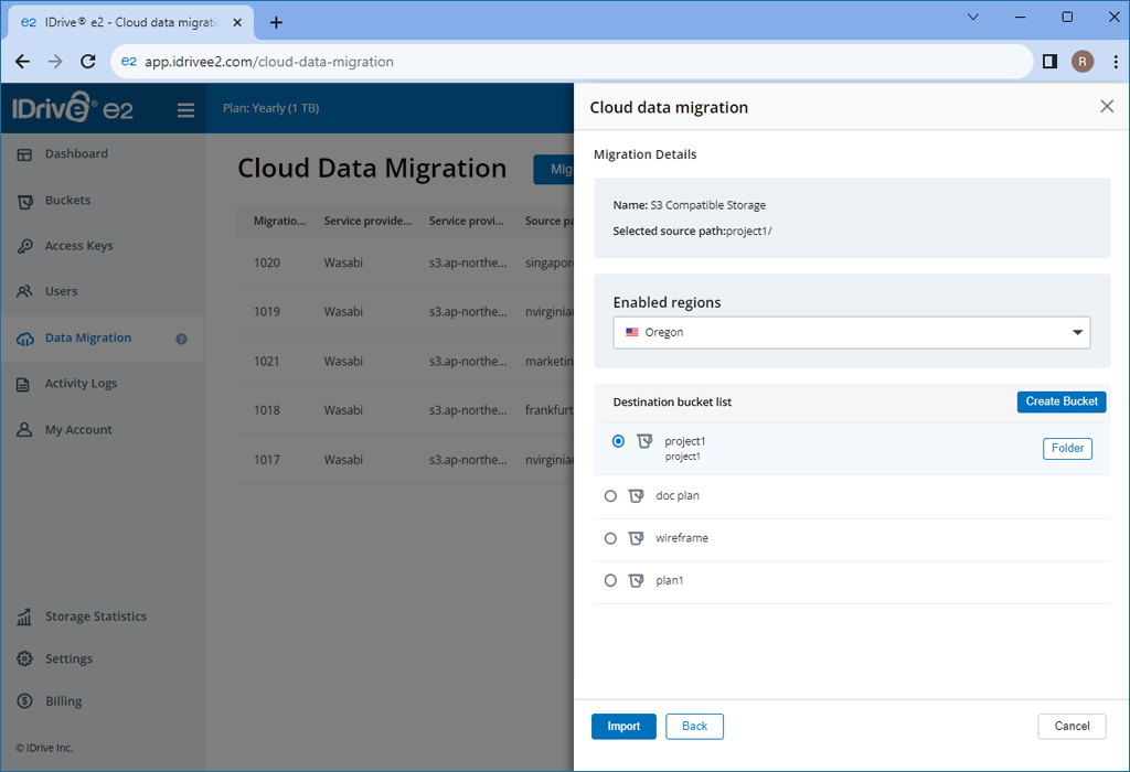 IDrive'de hedef bölgeyi seçin e2 where you want to migrate the data