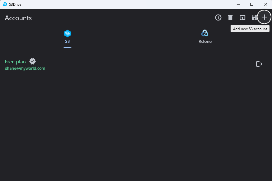 S3Drive new account window for adding an IDrive e2 S3 account and entering credentials
