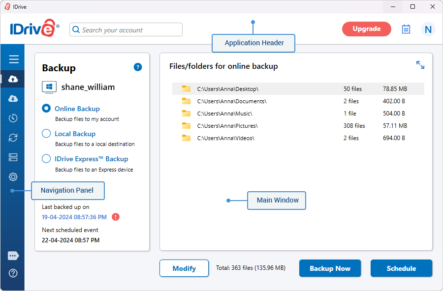I need a walkthrough of the IDrive desktop application interface. screenshot