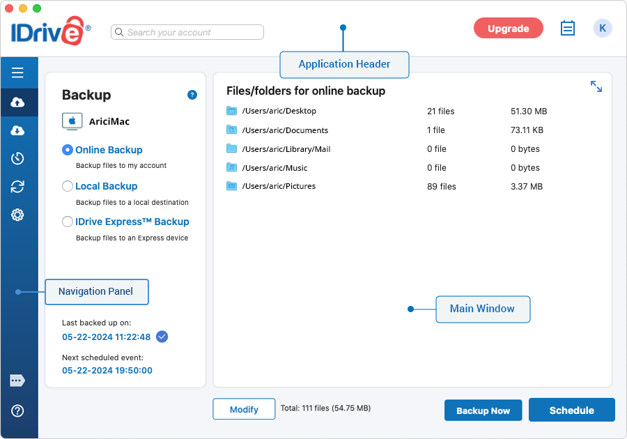 I need a walkthrough of the IDrive desktop application interface. screenshot