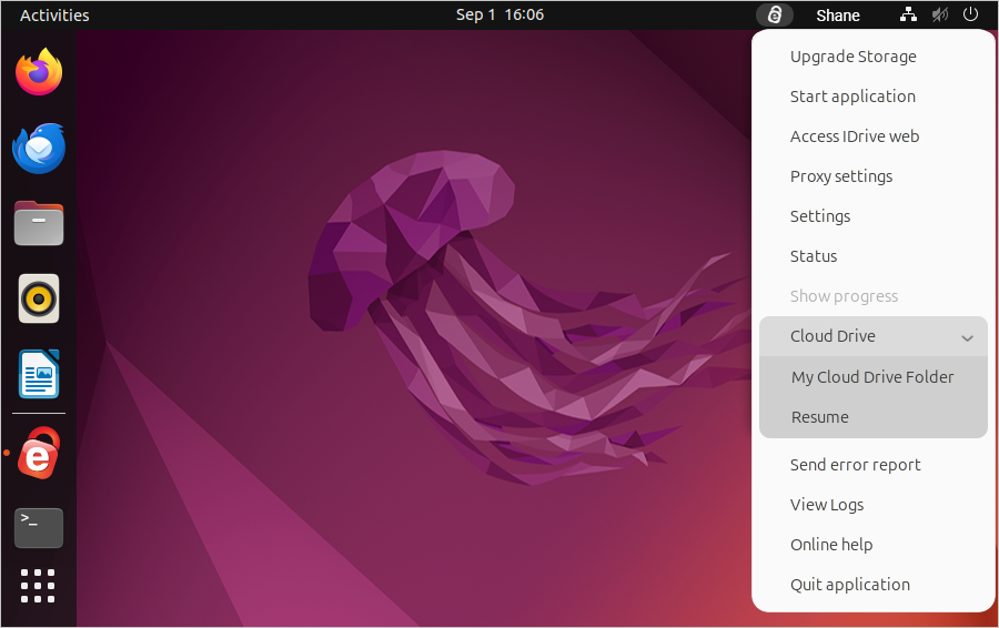 IDrive system tray showing Cloud Drive folder menu options screenshot