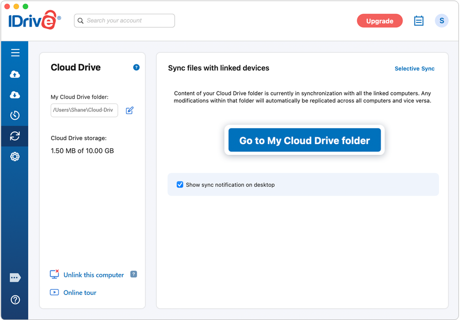 Enable Sync button in Cloud Drive tab on Mac IDrive application screenshot