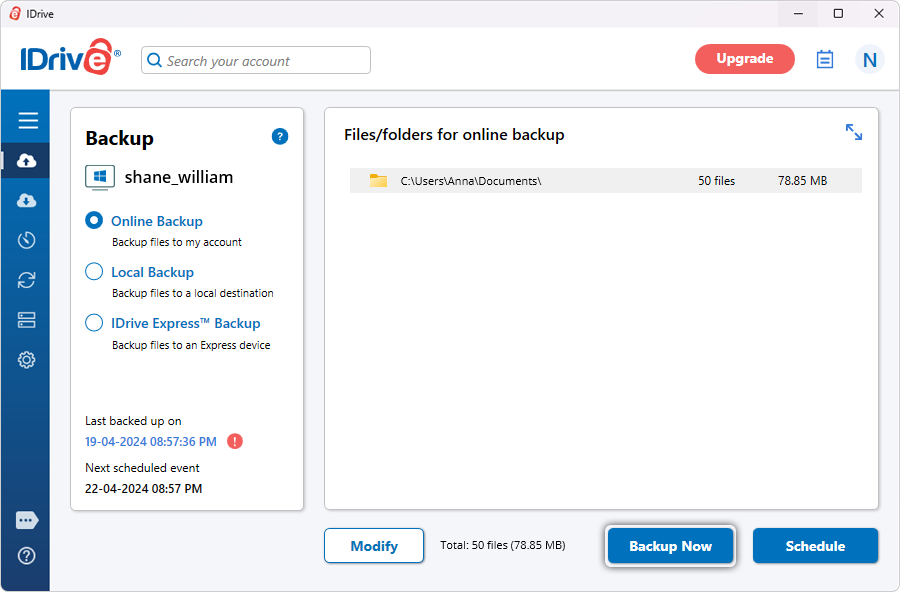 How do I take an immediate backup of my data? screenshot