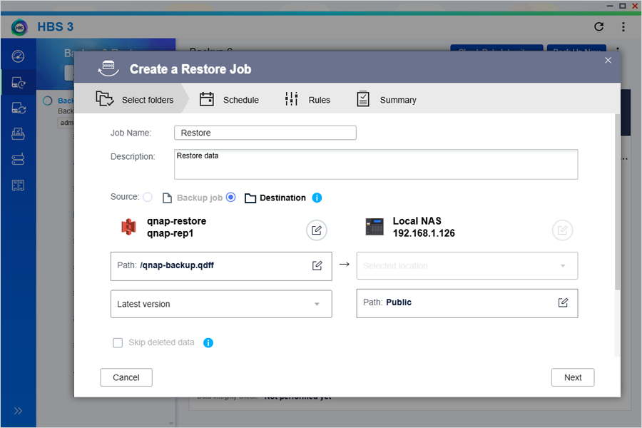 Restores data from a specified destination