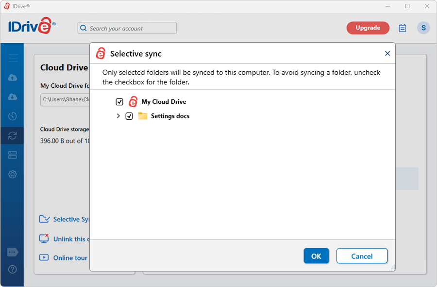 Selective Sync deselect folders to exclude from sync screenshot